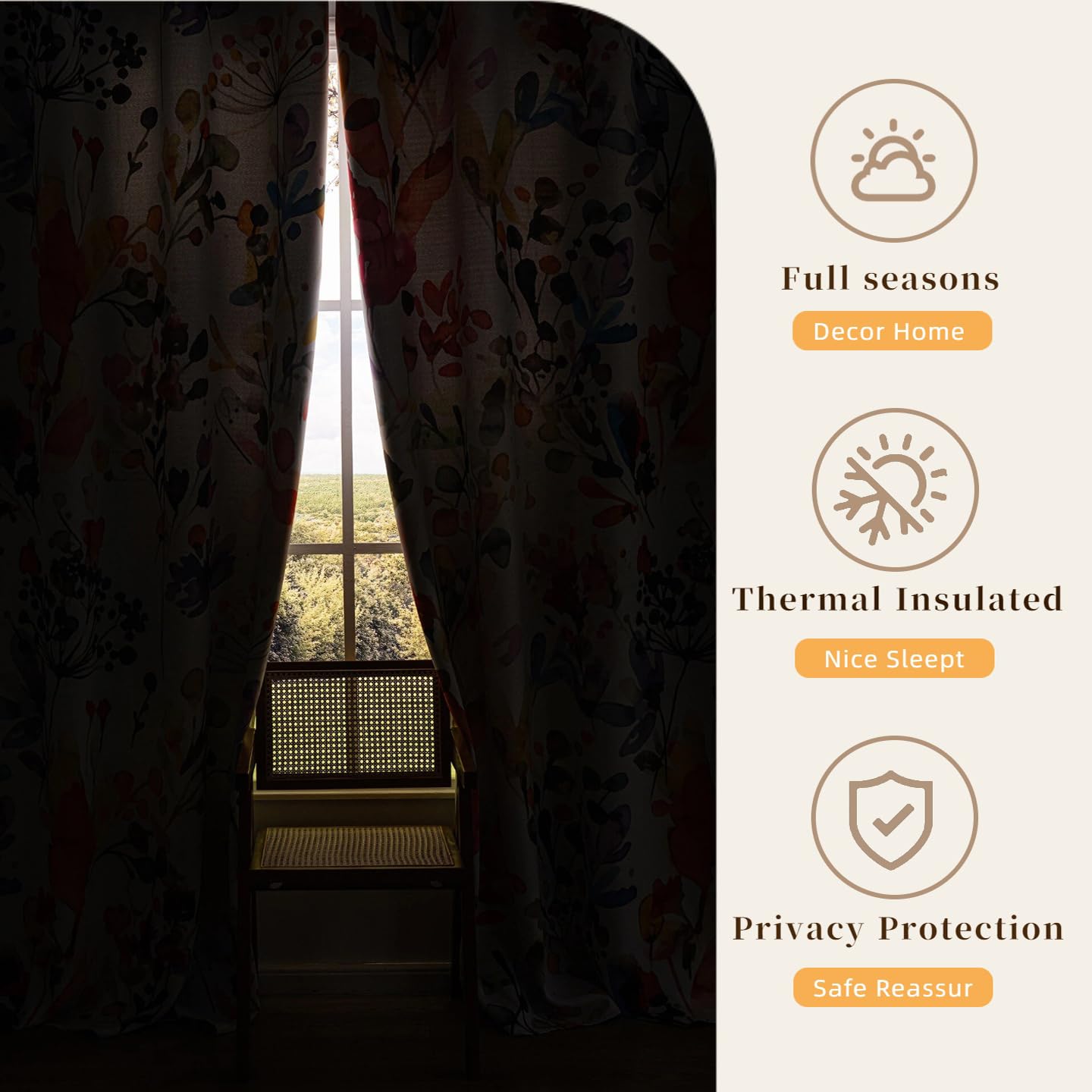 Boho Floral 100% Blackout Curtains 84 Inch Length 2 Panels Set Grommet Watercolour Flower Bohemian Pattern Black Out Thermal Insulated Drapes Window Treatment for Bedroom Living Room 52 x 84 Inch