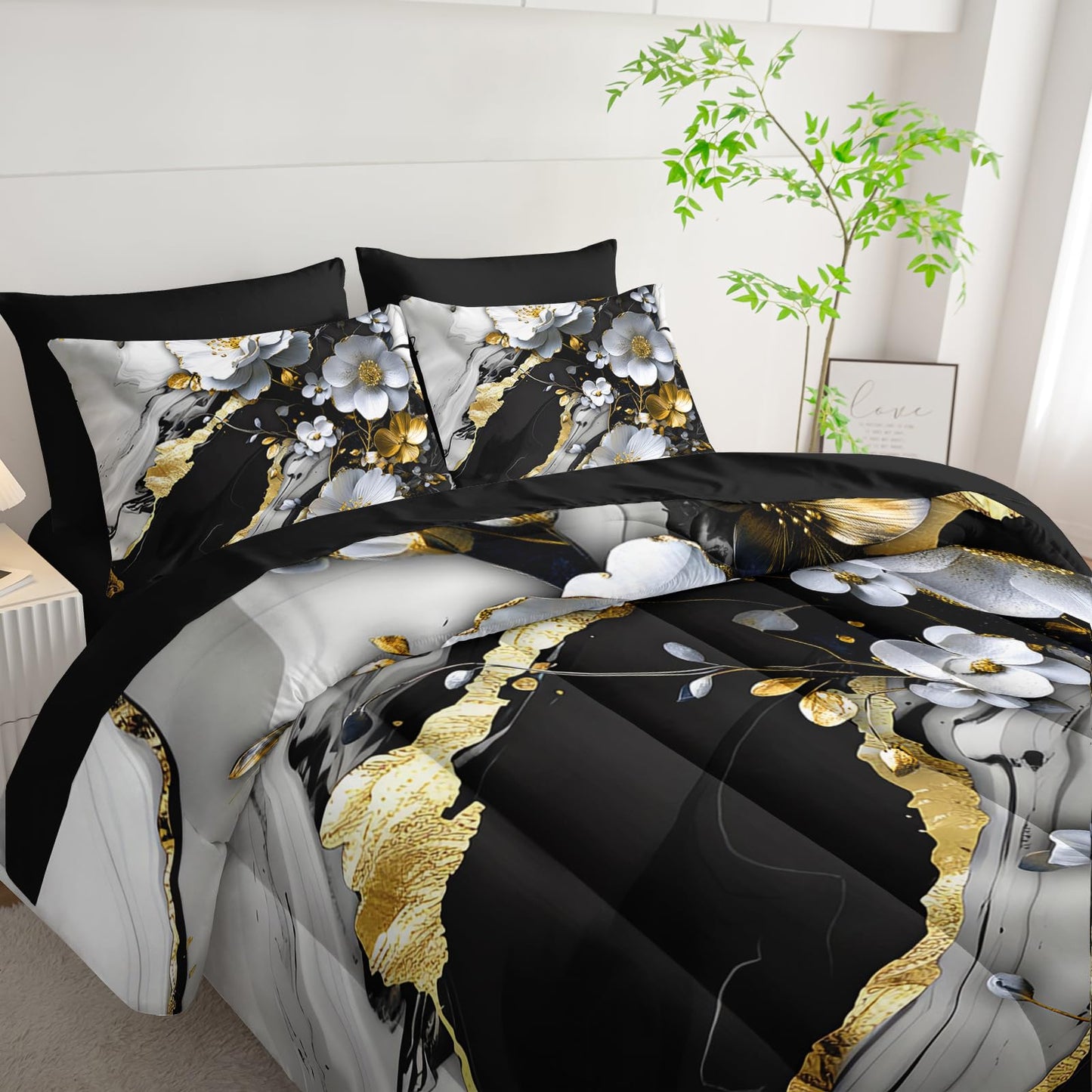 lneffble 7 Piece Marble Floral Comforter Set Queen，Black and White Marble Bedding Set，Black and Gold Marble Bedroom Decor，(1 Comforter, 1 Flat Sheet, 1 Fitted Sheet, 2 Pillowcase and 2 Pillow Sham)