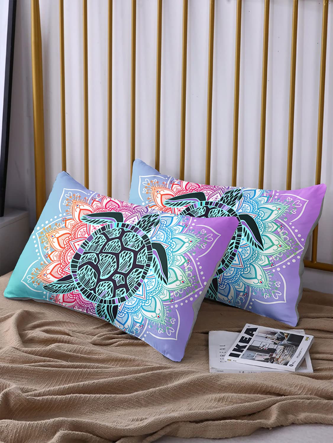 HOSIMA Sea Turtle Bedding,Coastal Beach Themed Fitted Sheet Set Queen Size for Kids Teen Girls Boys Room Decor,Mandala Turtle Fitted Sheet Set Twin Size,1 Fitted Sheet+2 Pillowcases.