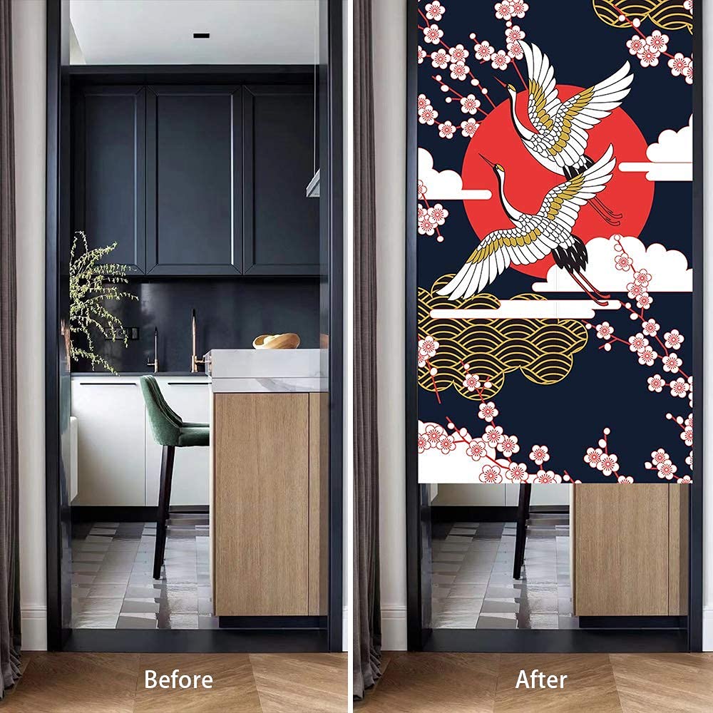 Ofat Home Crane & Sakura Noren Curtain 33.5" x 59" Japanese Style
