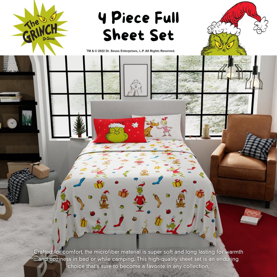 Dr. Seuss The Grinch Holiday & Christmas Bedding Super Soft Microfiber 4 Piece Full Sheet Set, (Officially Licensed Product) by Franco