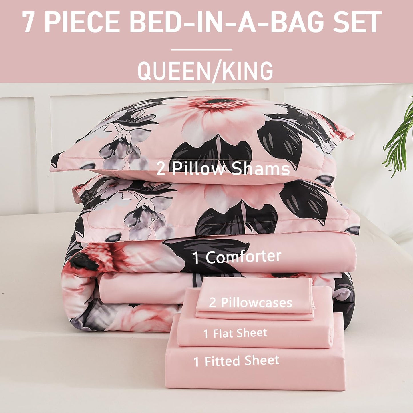 Yogeneg King Size Comforter Set 7 Piece Bed in a Bag,Pink Black Floral Botanical Pattern Blush Bedding Set,Soft Microfiber Comforter with Sheet Set,All Season Bed Set(Pink Black,King)