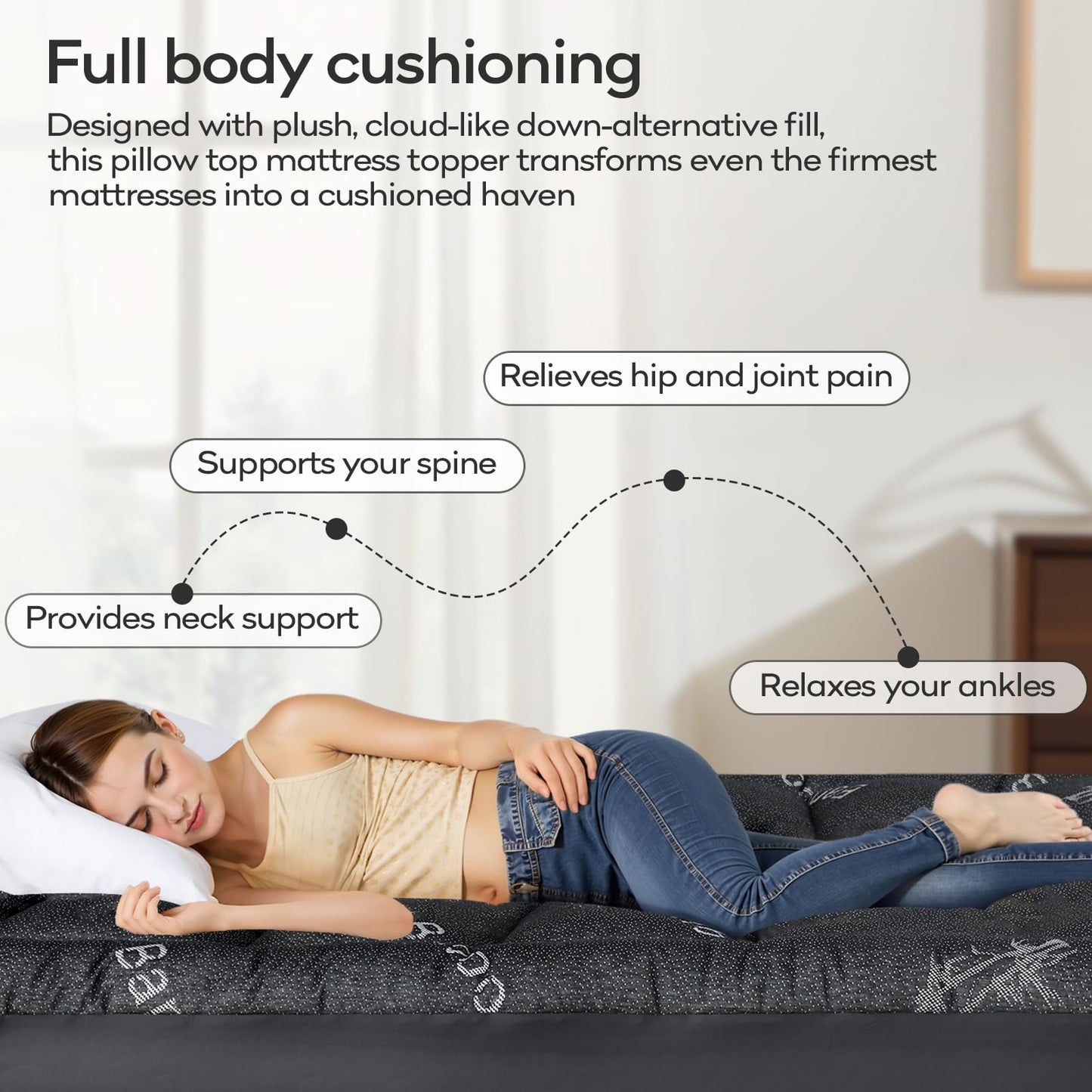 OLANLY Queen Mattress Topper, Bamboo Viscose Cooling Pillow Top Mattress Pad, Soft Plush Down Alternative for Firm Mattress, Back & Hip Pressure Relief, Machine Washable, Deep Pocket, Dark Gray