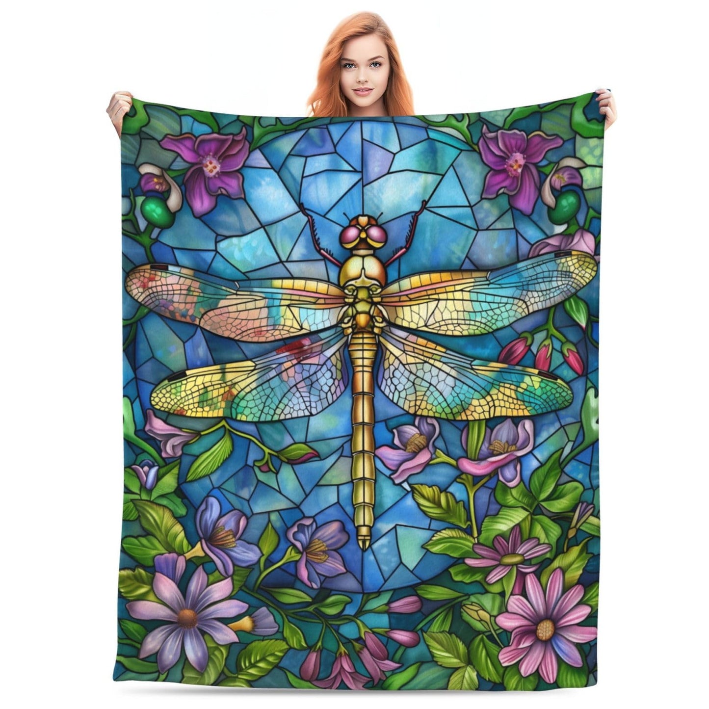 Generic Stained Glass Dragonfly Throw Blanket, Floral Dragonfly Themed, Soft Cozy Lightweight Plush, 50x60in