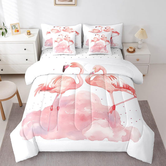 jejeloiu Flamingo Comforter Set 7 Pieces Full Size Kids Tropical Flamingo Watercolor Bed in a Bag for Boys Girls Bird Bedding Set Pink,Comforter + Sheets + Pillowcases + Cushion Covers