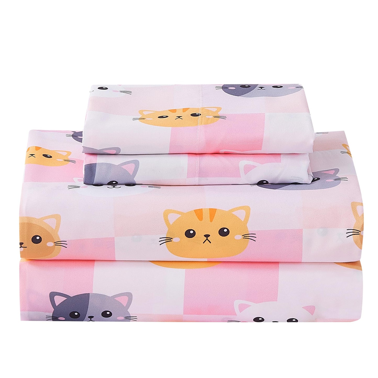 CozySmile Twin Sheet Set Kids,3 Pieces Breathable Soft Microfiber Bedsheets for Child Girls, Oeko-TEX, Anti Pilling Deep Pockets Easy Care Bed Sheets, Cat Plaid
