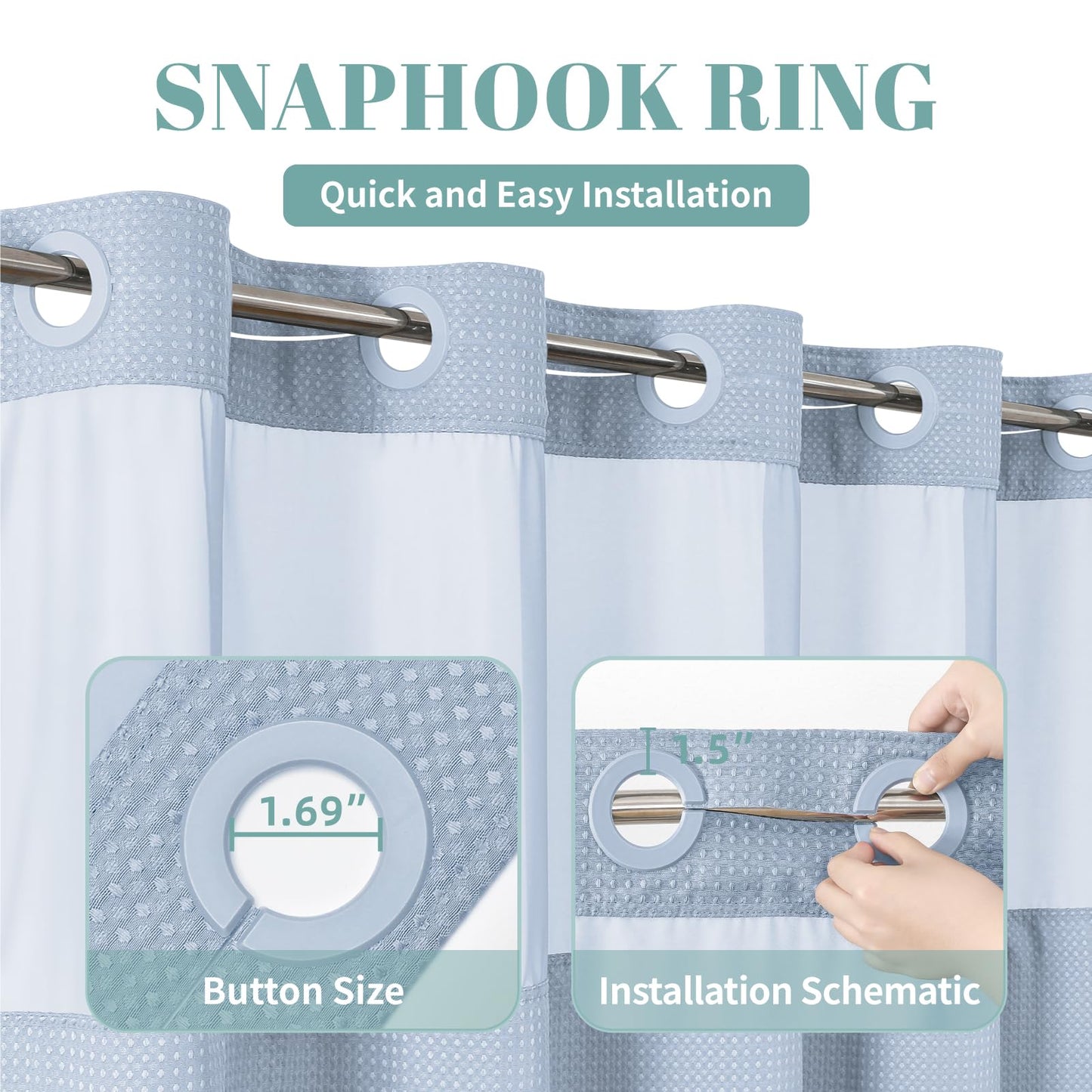 eachope ForstBlue No Hook Waffle Weave Shower Curtain with snap-in Liner Replacement, 230GSM Waterproof Fabric Hotel Shower Curtain Set for Bathroom, Through Mesh Top Window,71Wx77H