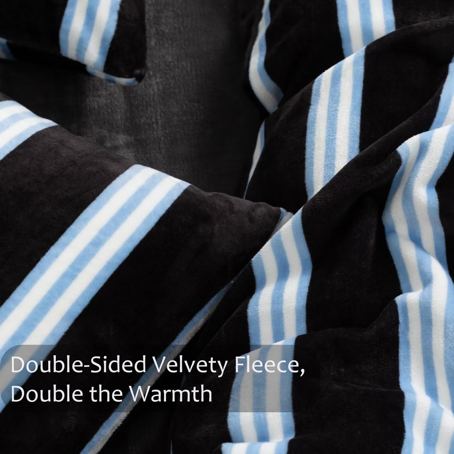Bedbay Striped Comforter Set Fluffy Fleece King Comforter Set Soft Warm Flannel Velvet Comforter 3 Pcs Blue Black Striped Bedding Set Modern Stripes Pattern King Bed Set for All Seasons