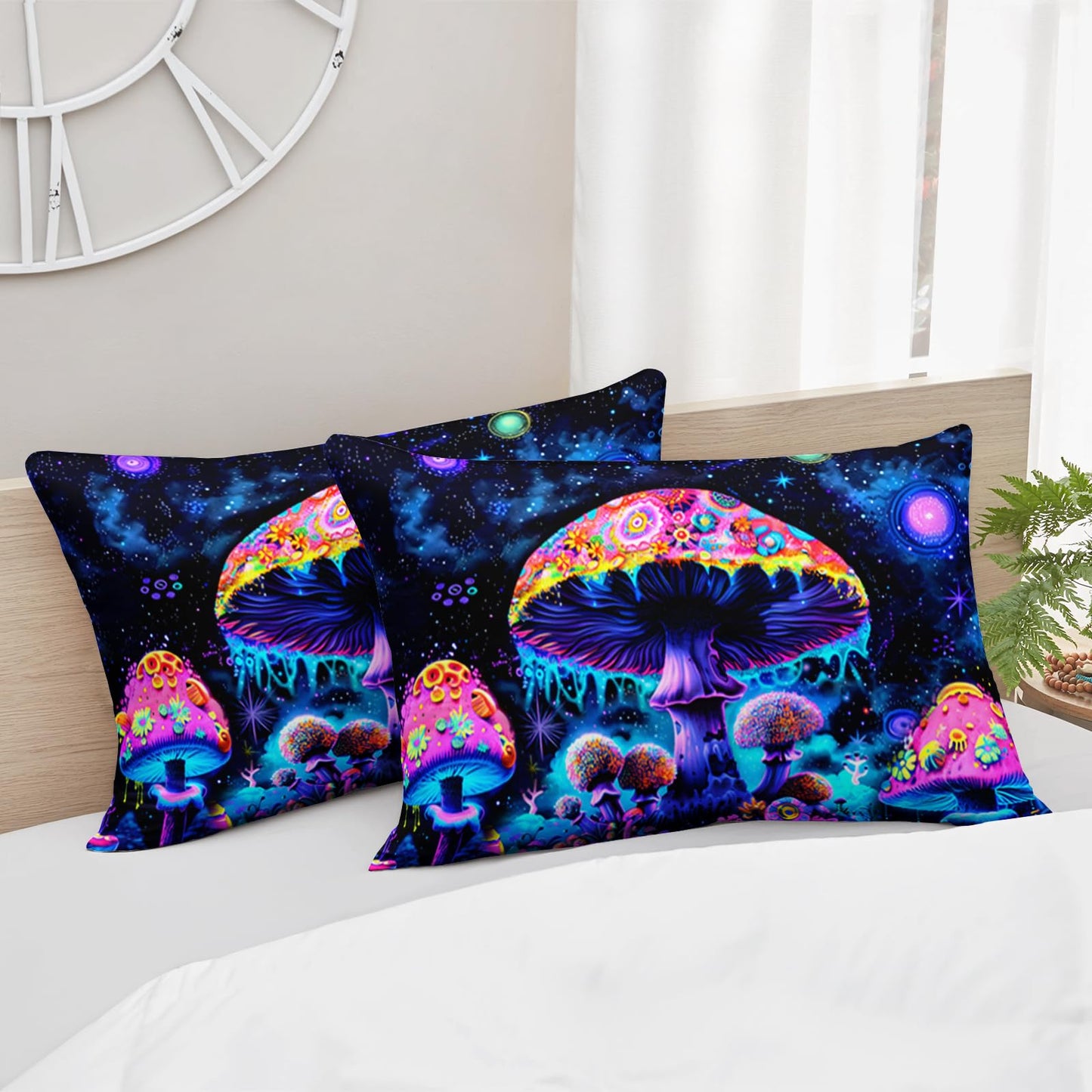AILONEN Cartoon Mushroom Comforter Set Queen Size, Black Starry Purple Magic Mushroom Bedding Set,3Pcs Plant Fungus Comforter with 2 Pillowcases