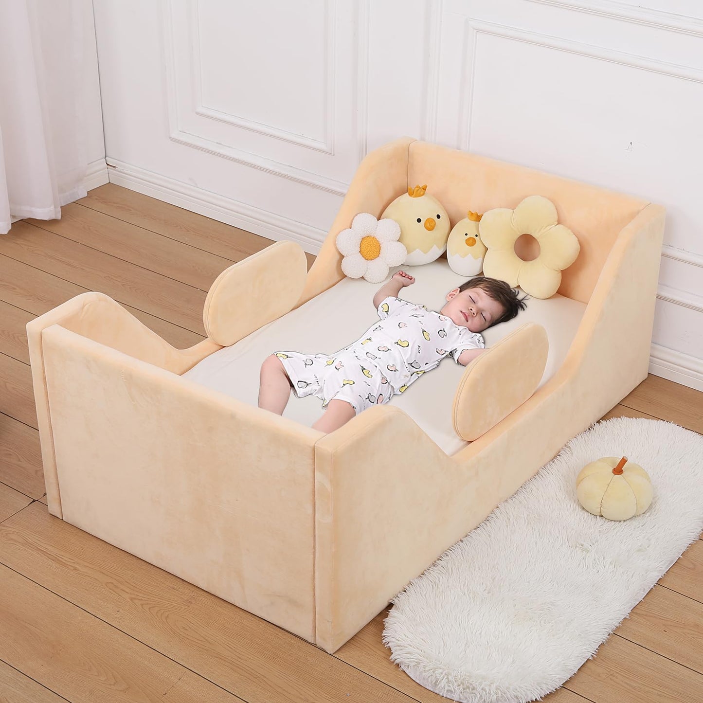 weeonekids Toddler Bed, Child Bed for Kids with Extra Safty Broad, Standard Crib Size Toddler Bed, Certified Fabric Toddler Beds,Toddler Flood Bed (Yellow)