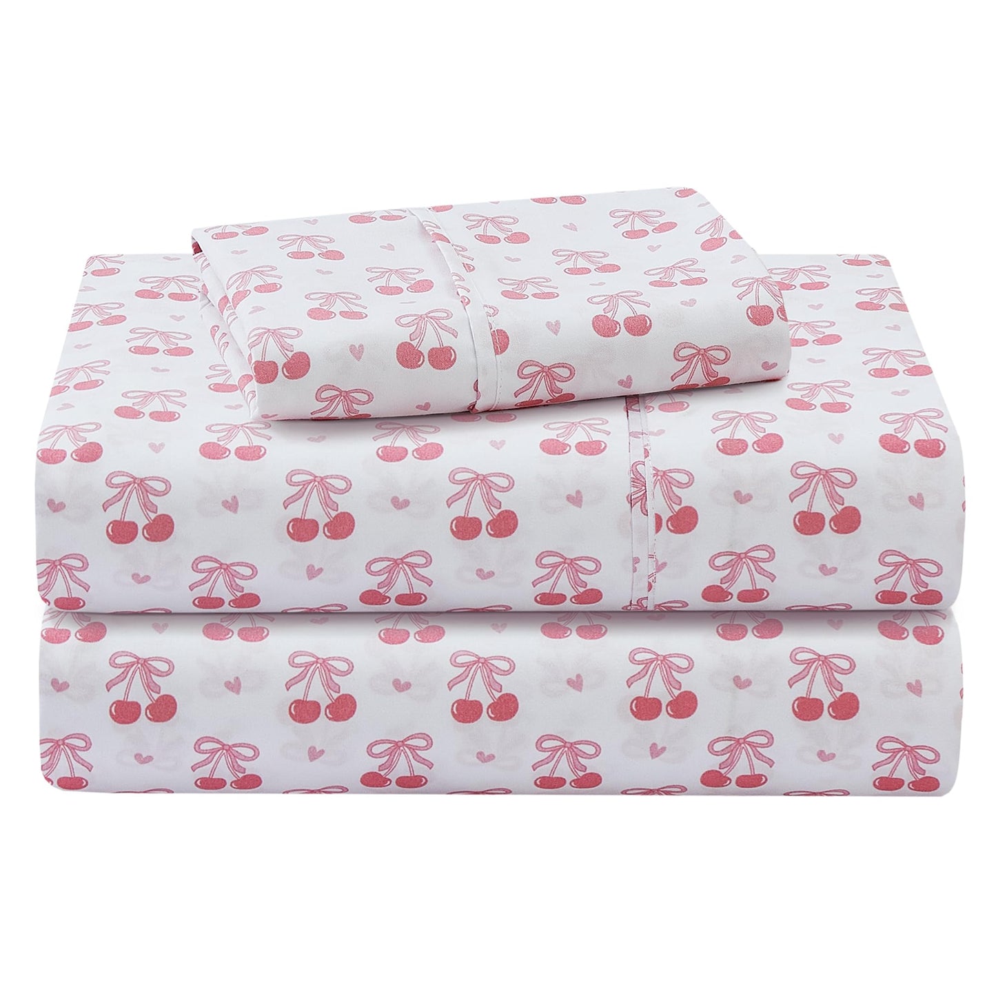 Viviland 3 Pieces Girls Pink Twin Sheet Set - Soft Microfiber Fitted Flat Sheets & Pillowcase - Pink Cherry Bow Print Bedding Sets - for Kids & Toddlers