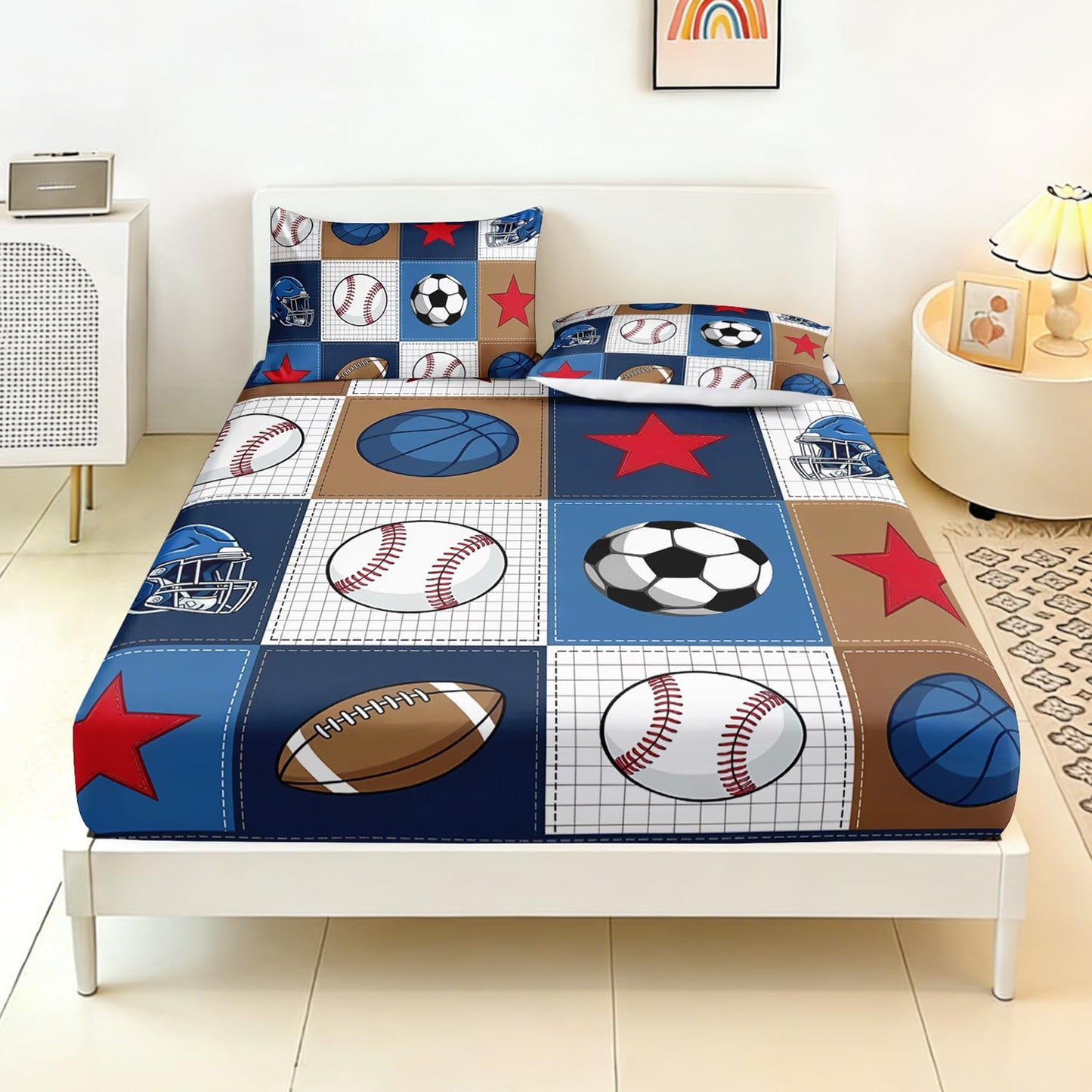 HOSIMA Ball Fitted Sheet Queen for Kids,Various Balls Pattern Sports Bedding for Teens Boys Room Decor,Lightweight Plaid Patchwork Bedding,1 Fitted Sheet+2 Pillowcases.