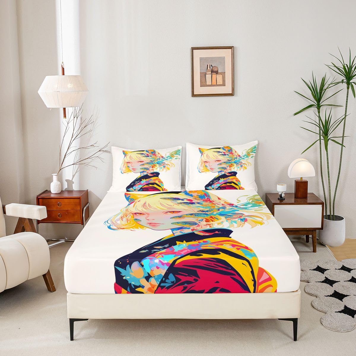 3D Anime Bed Sheets Japanese Girl Style Bed Set Queen for Cartoon Fans Fitted Sheet, Kawaii Anime Design Pattern Sheets with 2 Pillow Cases, Anime Gifts for Girls Anime Lover