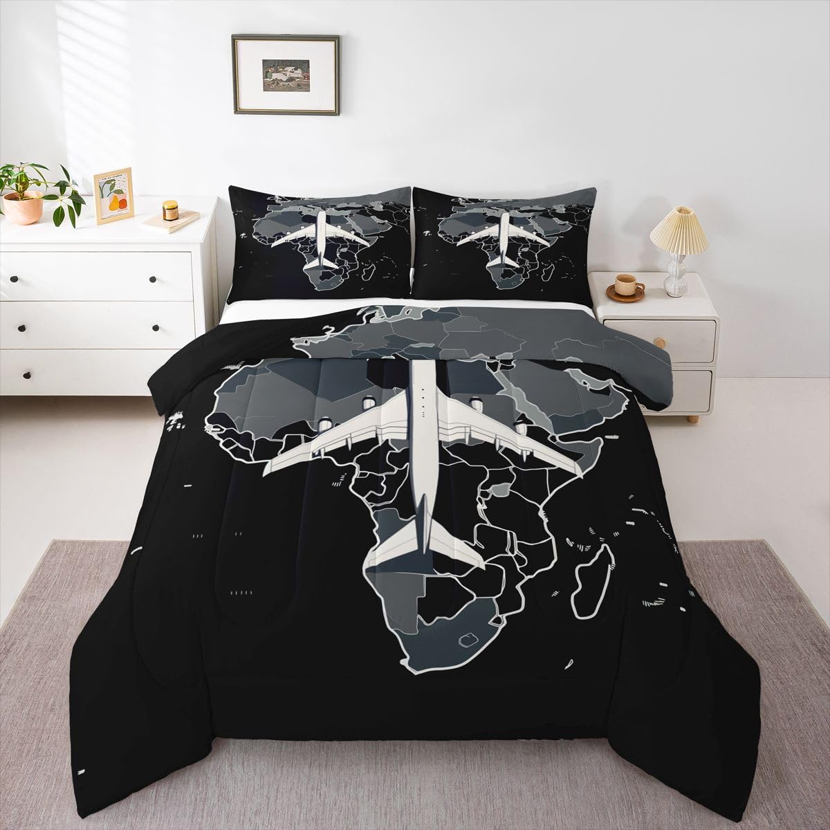 Erosebridal Airplane Comforter Set Full Aircraft Bedding Set Gradient Gray World Map Comforter for Kids Boys Girls Modern Transportation Plane Quilt Duvet