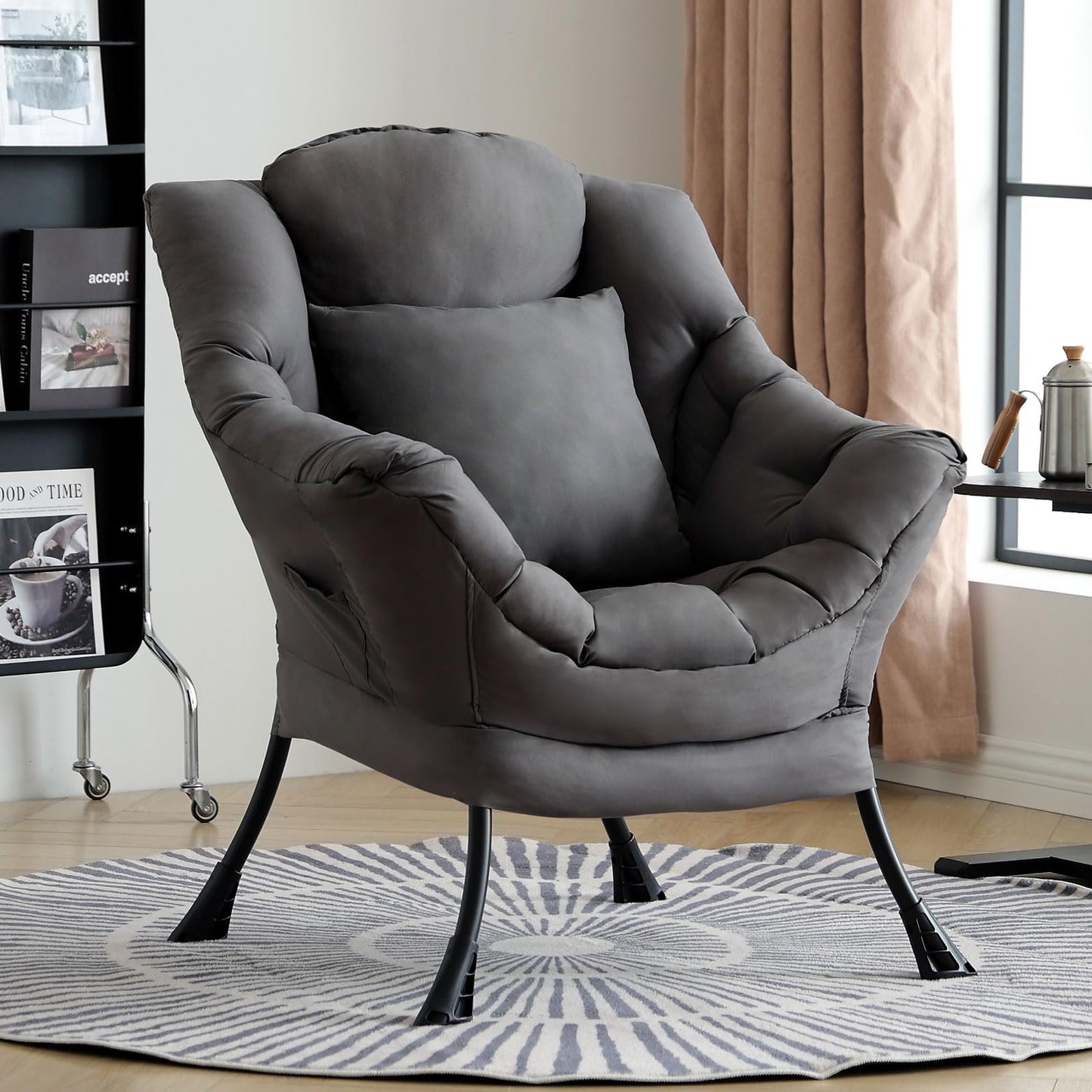 HomEastlly Lazy Chair for Living Room, Large Dark Grey Accent Chair with a Throw Pillow, Leisure Sofa Chair Set, Comfy Reading Chair for Bedroom, Dorm Room, Office