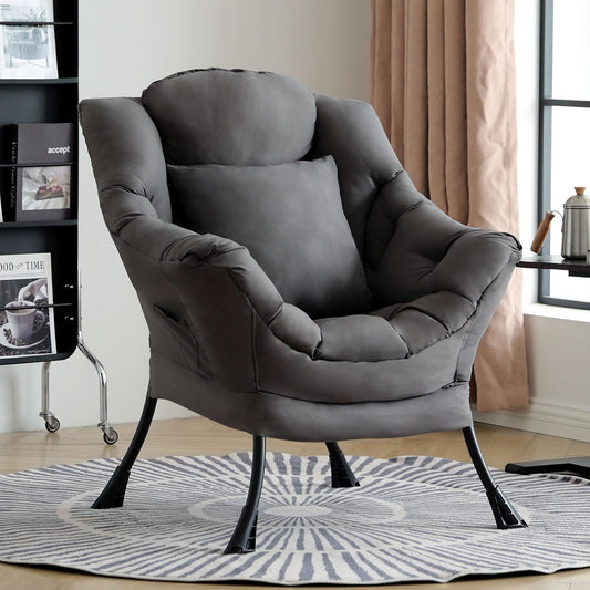 HomEastlly Lazy Chair for Living Room, Large Dark Grey Accent Chair with a Throw Pillow, Leisure Sofa Chair Set, Comfy Reading Chair for Bedroom, Dorm Room, Office