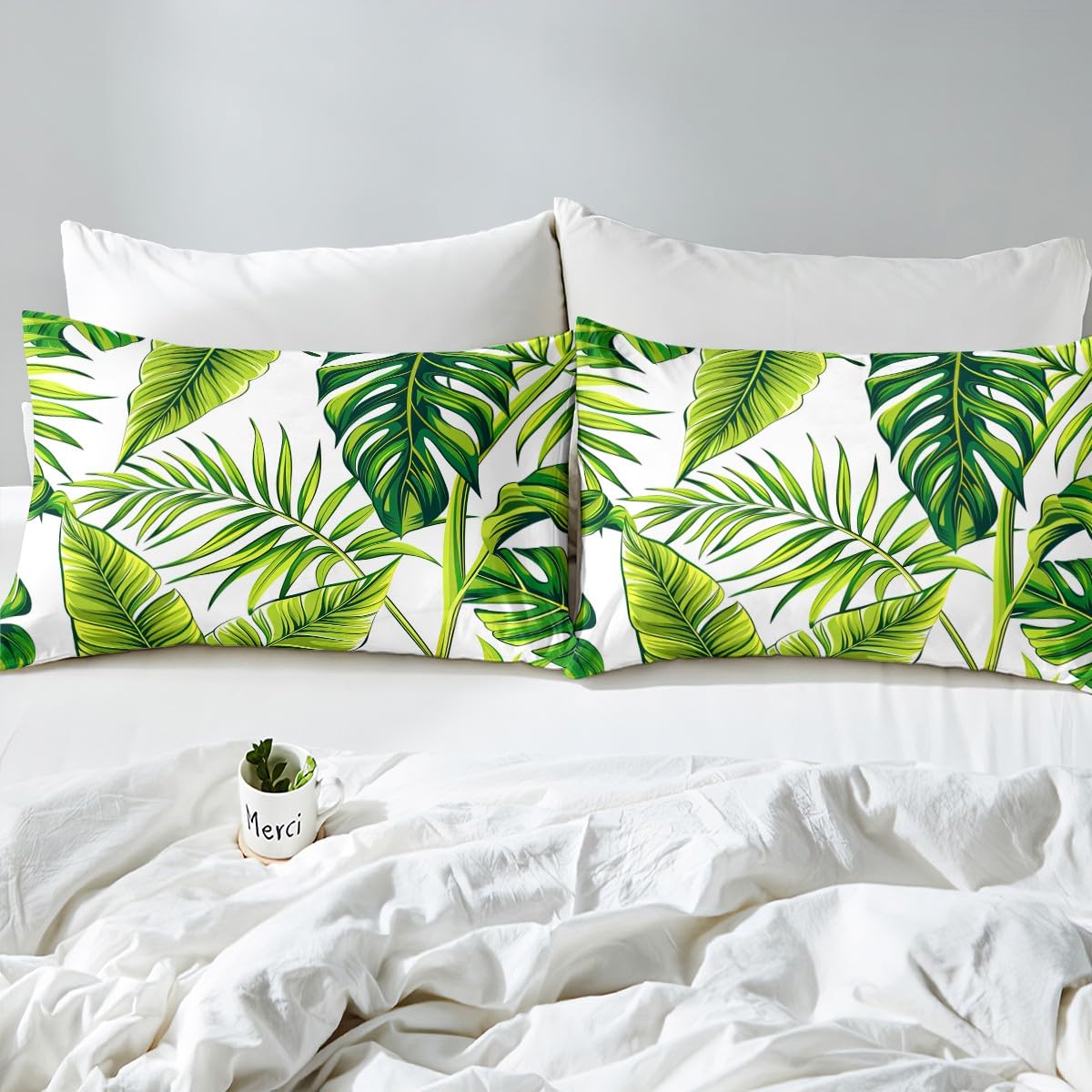 Fresh Leaves Tropical Duvet Cover Set Queen,Green Plant Bed Cover,Botanical Banana Tree and Palm Tree Leaf Pattern Printed in White Comforter Cover, Beach Hawaiian Bedding Collection with Zipper