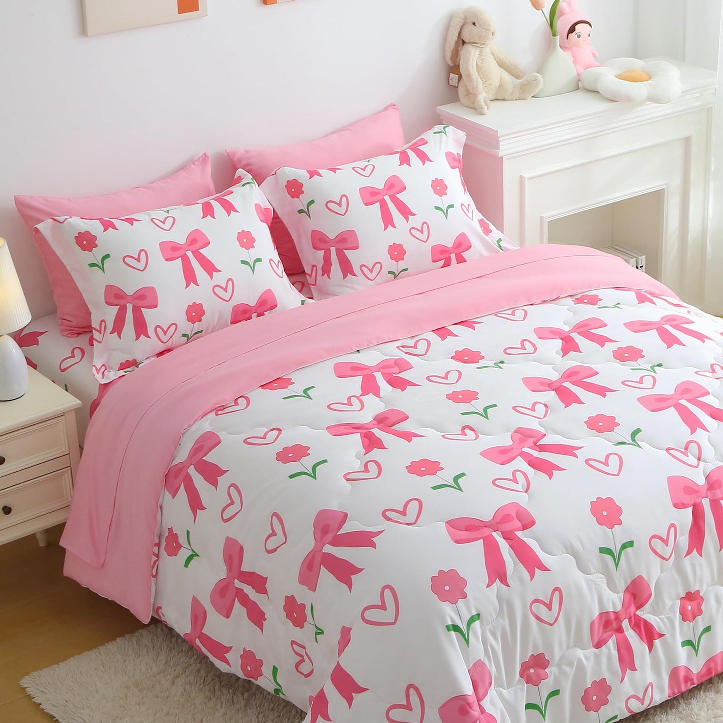 Jameswish Pink Bow Comforter 7 Pieces Comforter Set Full Size Pink Flower Bow Comforter for Girls Kids Romantic Princess Style Bow Tie Bedding Set Super Soft All Season
