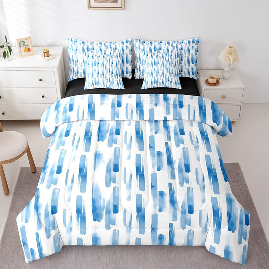 Erosebridal 7Pcs Sky Blue Abstract Geometric King Size Comforter Set for Women Men Adults,Boho Watercolor Bed in A Bag,Graffiti Ink Painting Modern Art Bedding, Stripes Striped Quilt