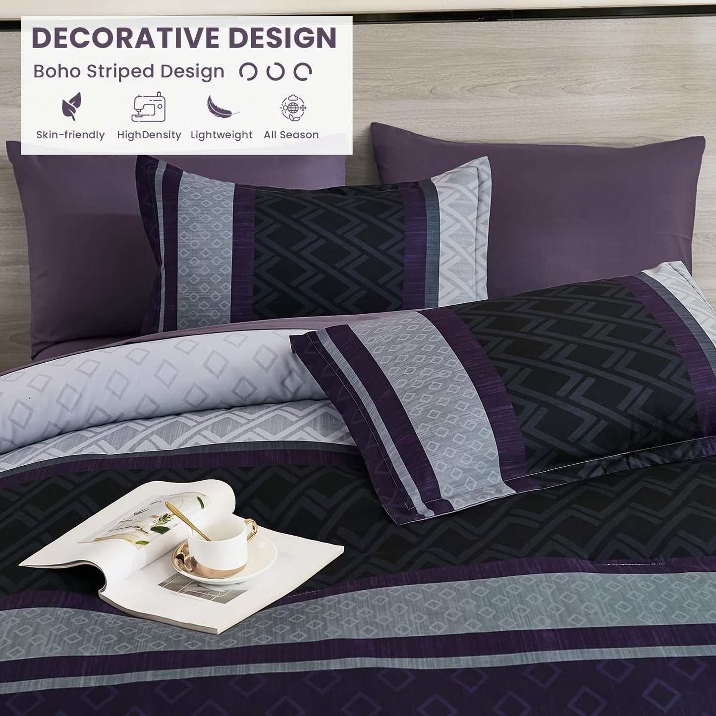Cottolester Queen Comforter Set 7 Pieces,Black Purple Boho Striped Bed in a Bag,Soft Microfiber Complete Bedding Sets
