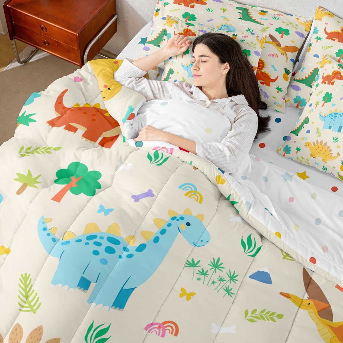 Feelyou Cute Dinosaur Comforter Set with Sheets 7 Piece Full Size Boys Dinosaur Bed in a Bag Kids Boys Girls Cartoon Animal Bedding Set Bedroom Decor Breathable Soft Lightweight Microfiber