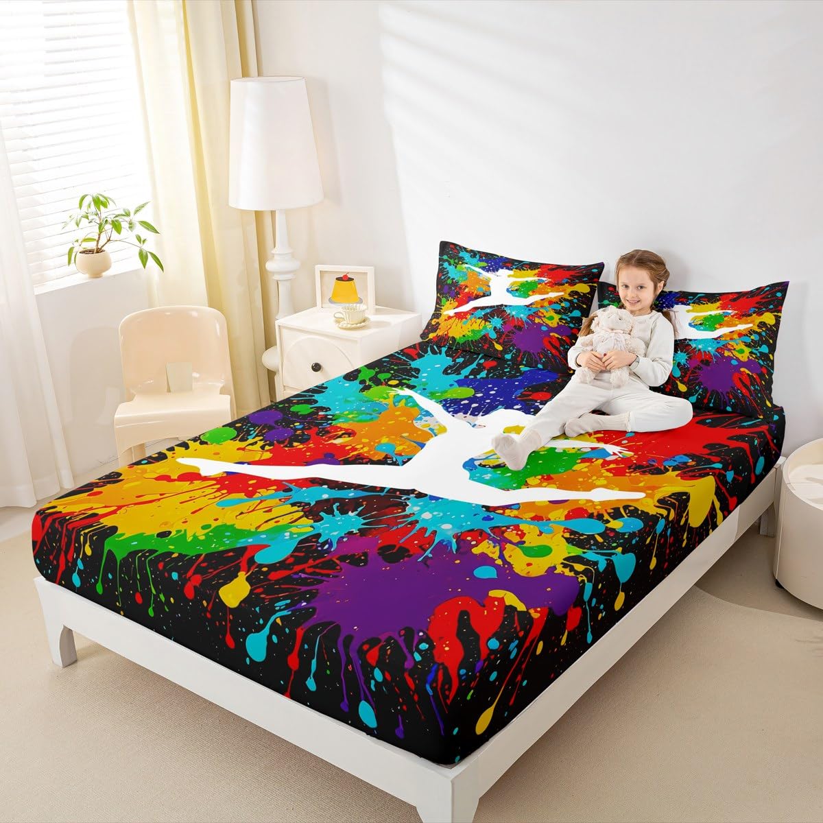 Erosebridal Gymnastics Fitted Sheet Deep Pocket Gifts for Girls Kids Full Size Rainbow Tie Dye Bed Sheets,Gymnast Sports Bedding Set Gymnastics Lover Sheets with 2 Pillow Cases Bedroom Decor