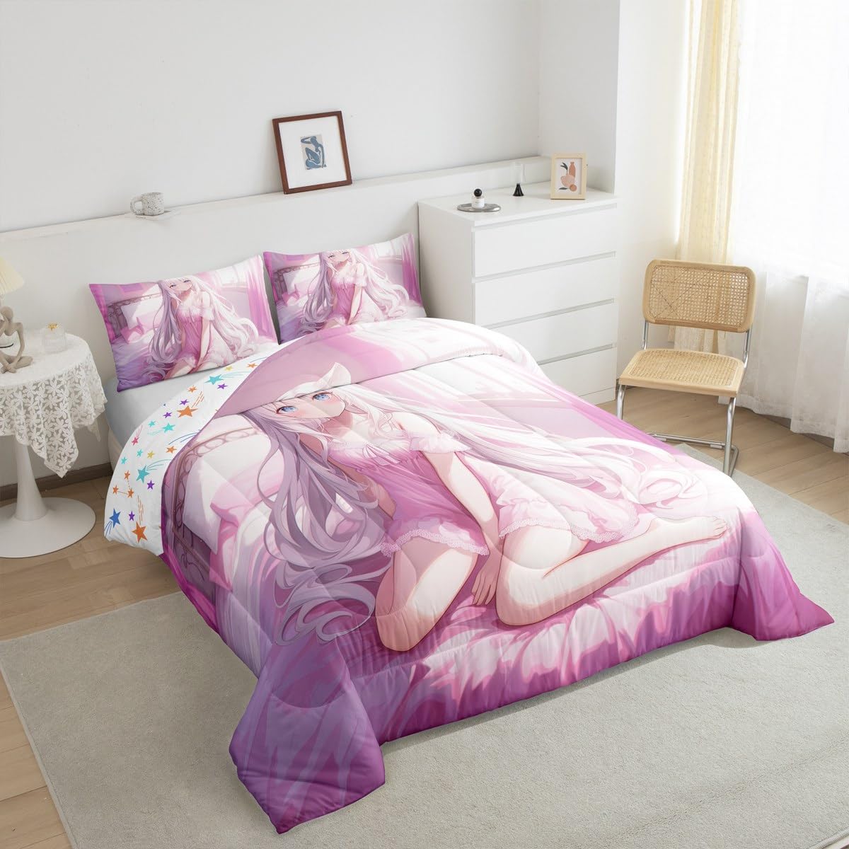 Erosebridal Full Size Japanese Anime Comforter Set for Kids, Anime Girl Bedding Set Kawaii Japanese Style Quilt Cartoon Japan Animation Duvet Insert for Boys Teens Adult Women Bedroom, Pink