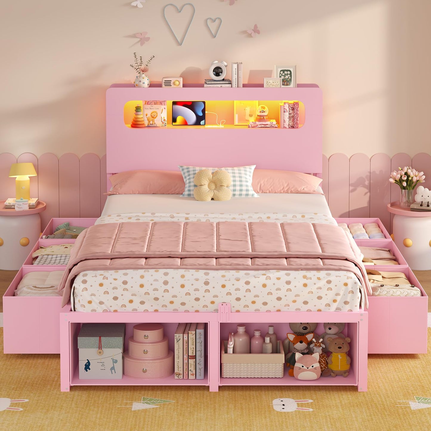 ADORNEVE Twin Bed Frame with 6 Drawers & LED Lights for Girls, Pink
