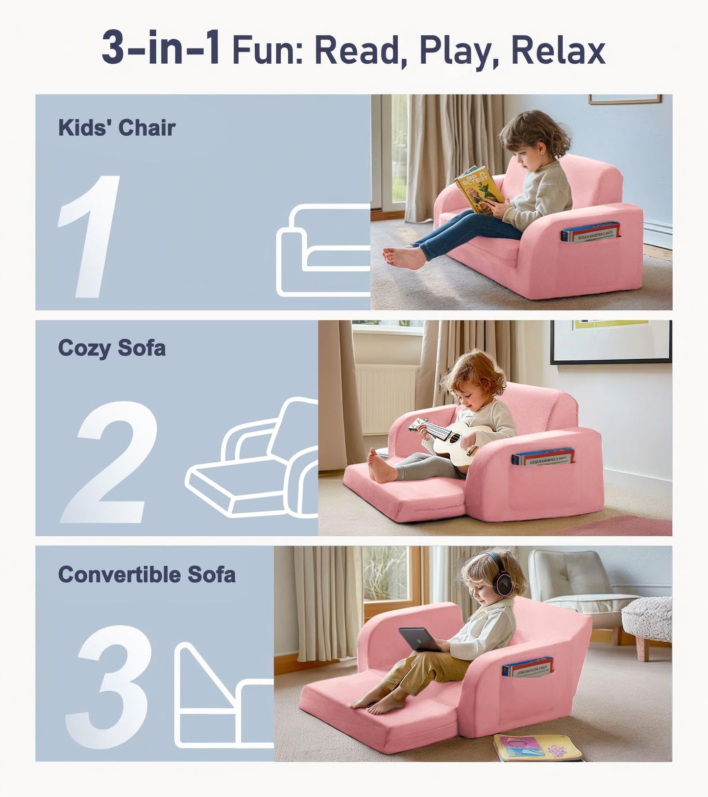 little dove 3-in-1 Extra Wide Convertible Kids Couch, Flip Open Kid Sofa, Machine-Washable Kid Couch for Girls, Kids Sofa for Fun Playtime, Pink