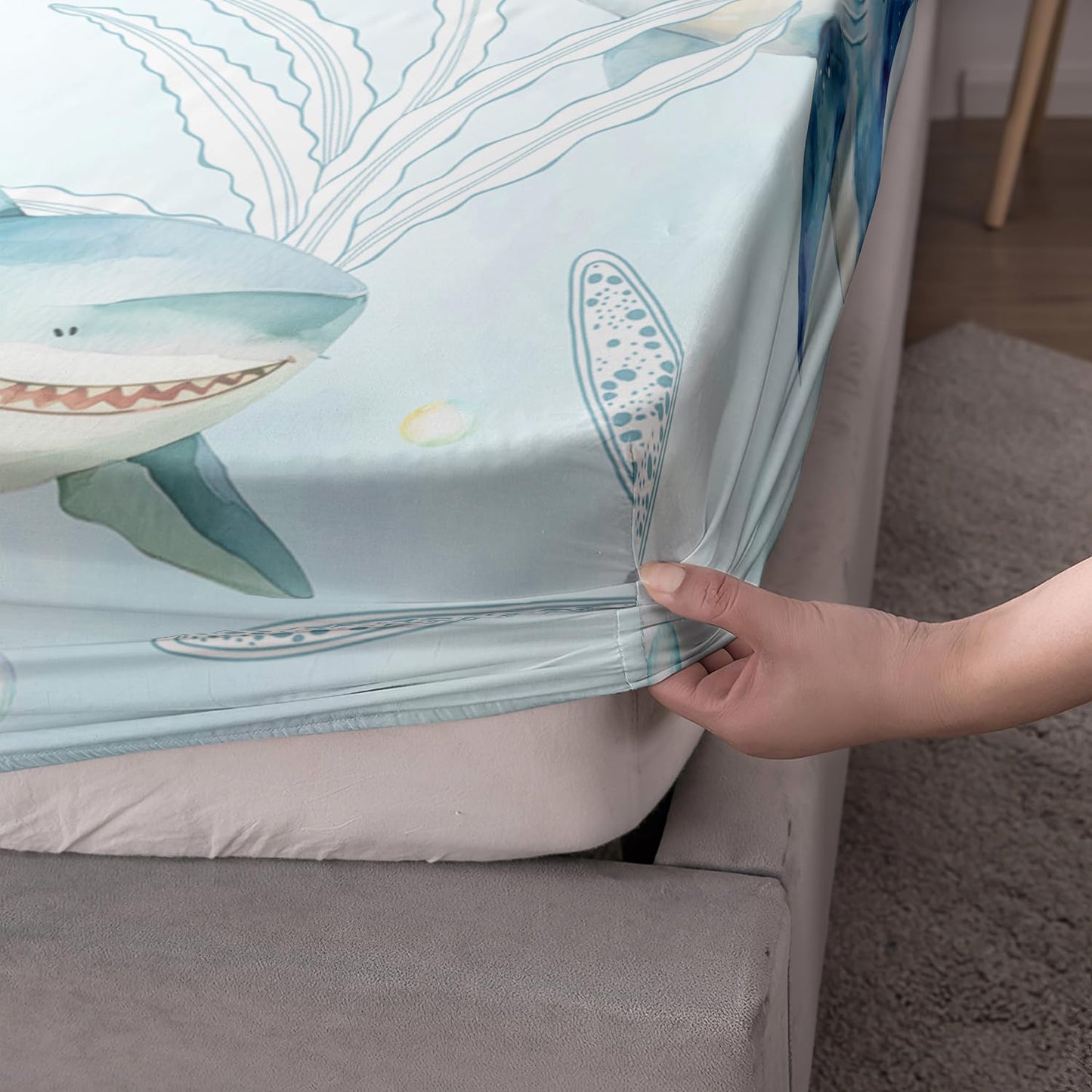 AILONEN Twin Bed Linen Set, Shark Pattern, Blue, 3 Piece Set (1 Fitted Sheet, 2 Pillowcases)