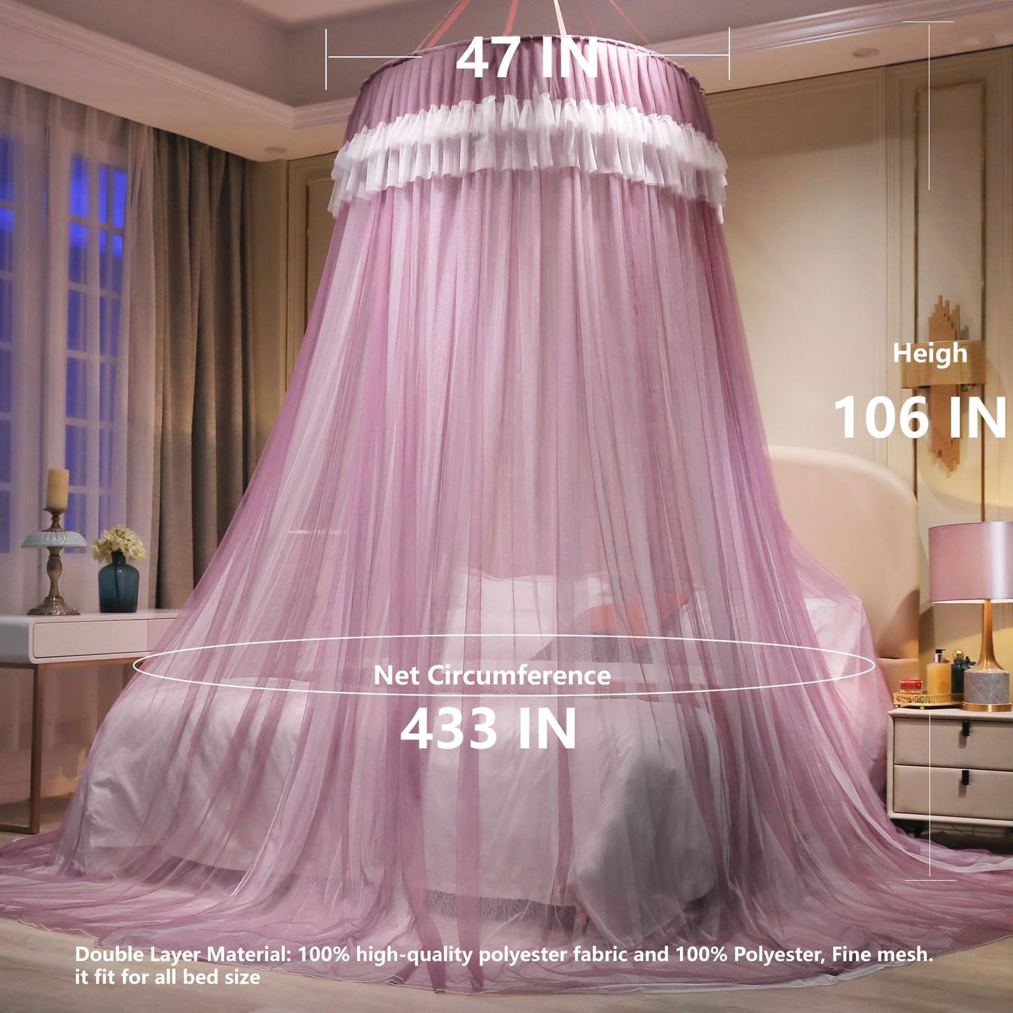 AIKASY Girls and Adults Canopy Bed, Elegant Double-Layer Bed Curtain, Children's Dream Round Lace Mosquito Net, Princess Canopy Net - Fits Twin, Full, Queen, and King Beds (White/Red Bean)