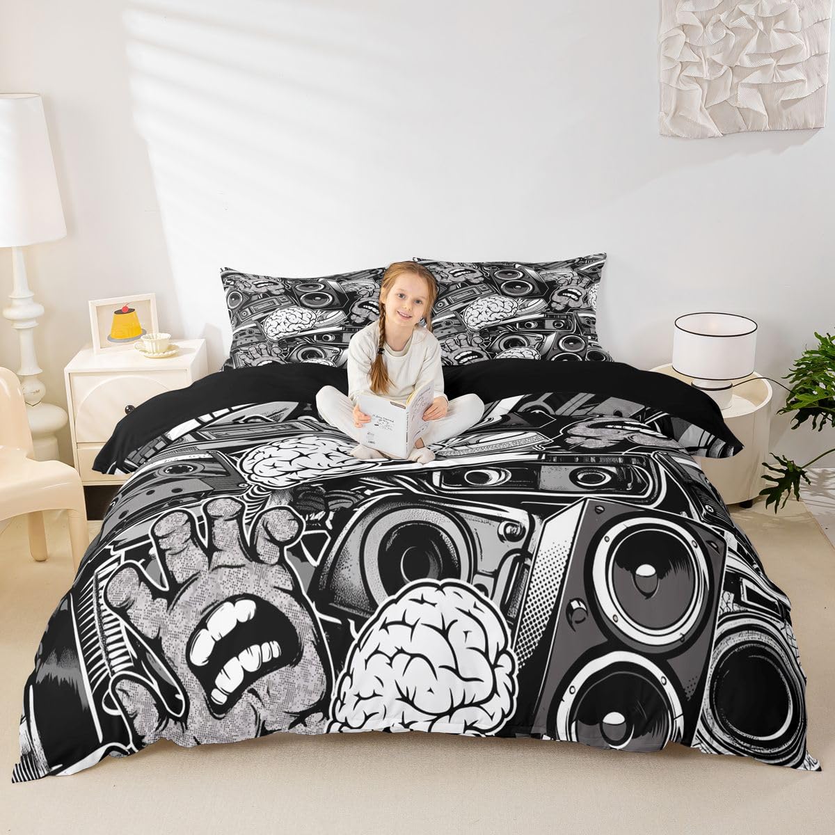 Feelyou Graffiti Bedding Set for Teens Boys King Rock Music Theme Duvet Cover Set Hip Hop Comforter Cover Set Kids Teenage Street Art Quilt Cover Hippie Room Decor Bedding with 2 Pillow Shams (3Pcs)