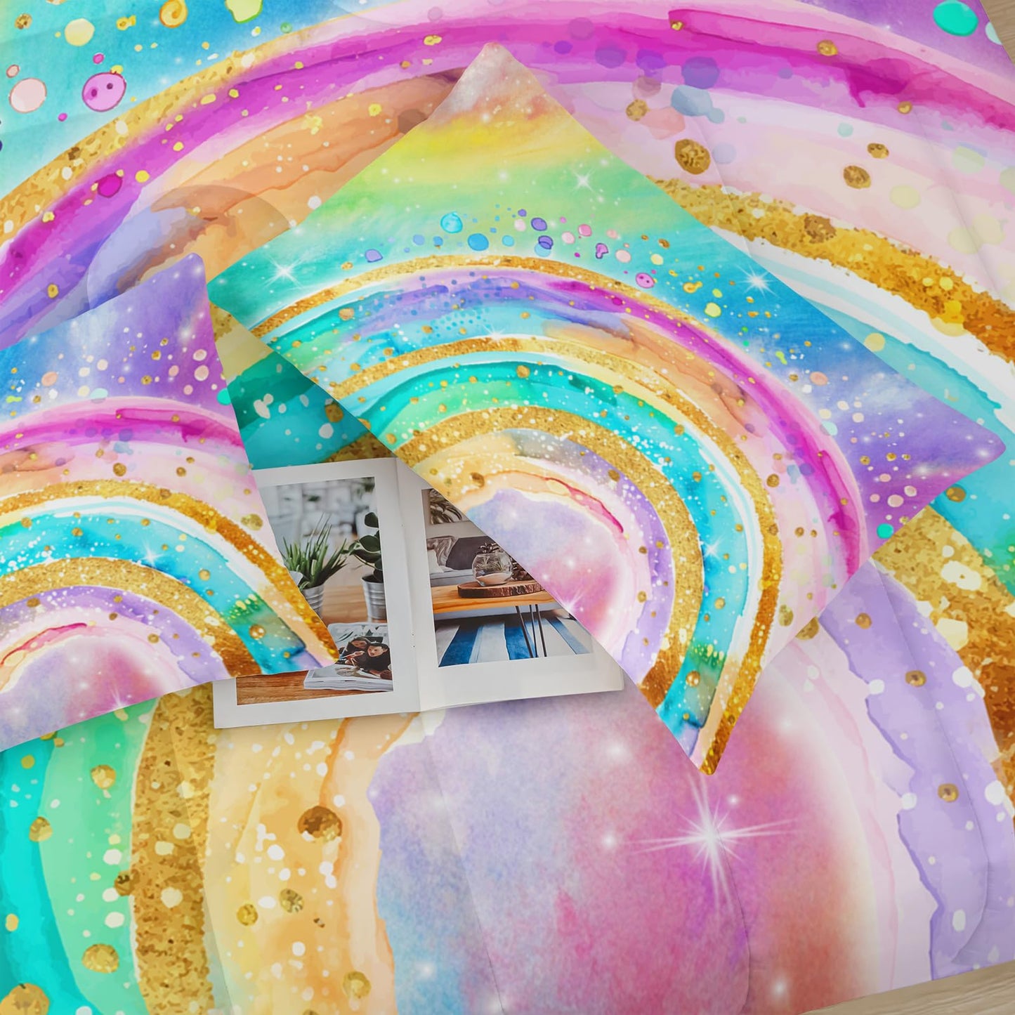 lneffble Cute Rainbow Twin Comforter Set for Girls，Pastel Tie Dye Rainbow Twin Bedding Set Kids，Galaxy Kids Bed Comforter Sets
