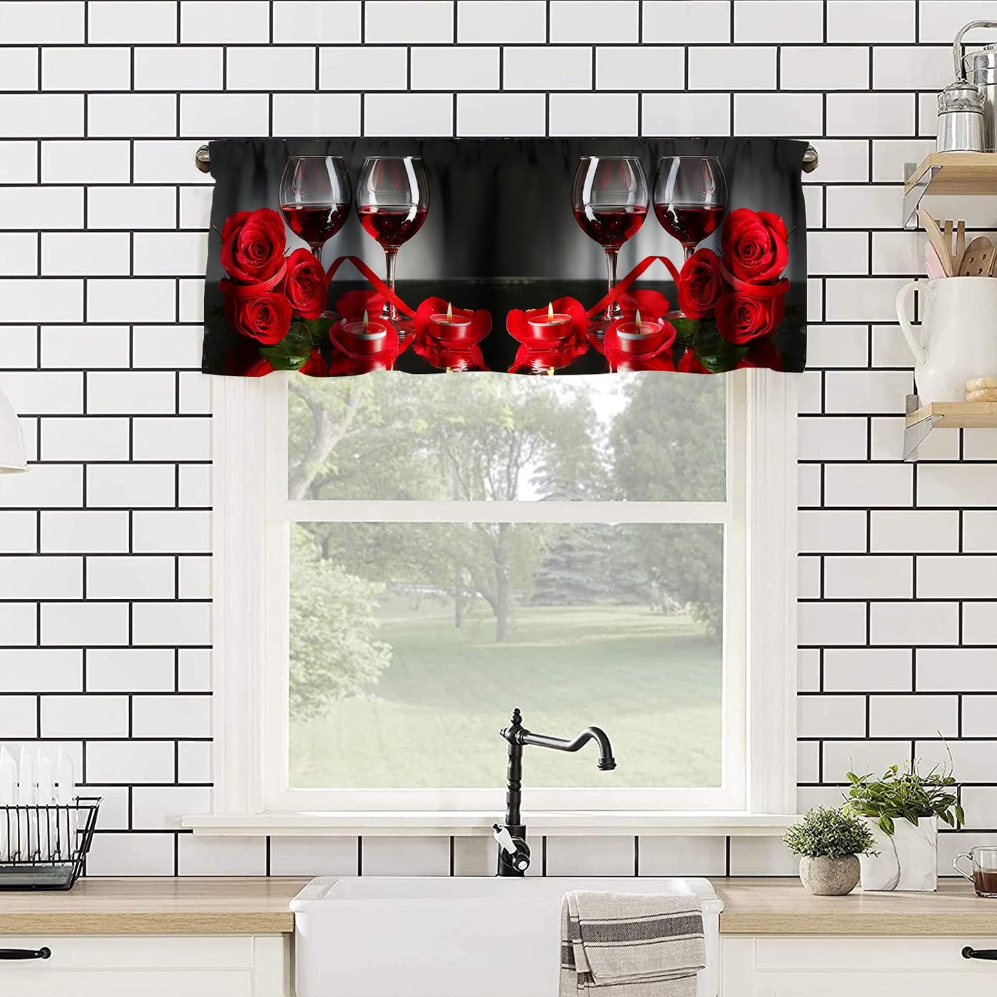 Red Rose Flowers and Wine Kitchen Curtains Valance, Red Wine with Rose and Glass Rod Pocket Window Valance for Bedroom Living Room Kitchen Cafe 1 Panels W54xL18in
