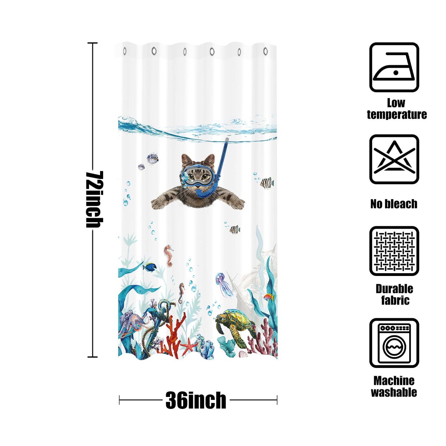 Fowocu Funny Cat Stall Shower Curtain Set Teal Blue Sea Ocean Waterproof Fabric Shower Curtains with Animal Octopus Starfish Turtle Anchor Fish Nautical Bathroom Curtain Decor (Blue, 36''×72'')
