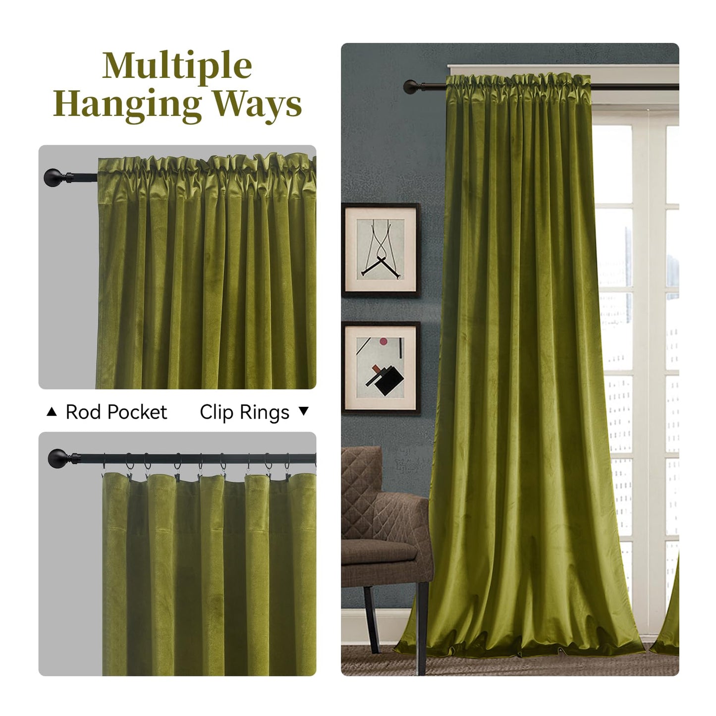 Roslynwood Velvet Olive Green Curtain 63 inch Long - Curtains Block Light Rod Pocket Thermal Insulated Window Drapes Set for Living Room/Bedroom/Dining Room, W52 x L63, 2 Panels