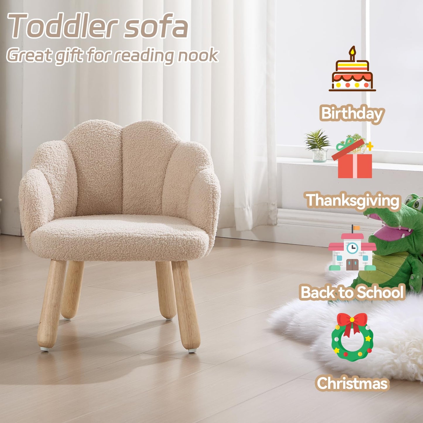 DAYARUS Kid Chair, Toddler Chairs Comfy Sherpa Kids Table Chair, Wood Toddler Couch Sofa, Soft Kid Reading Chair, Boy Girls Desk Chairs for Ages 2-5, Kids Armchair for Bedroom/Nursery/Gifts, Khaki