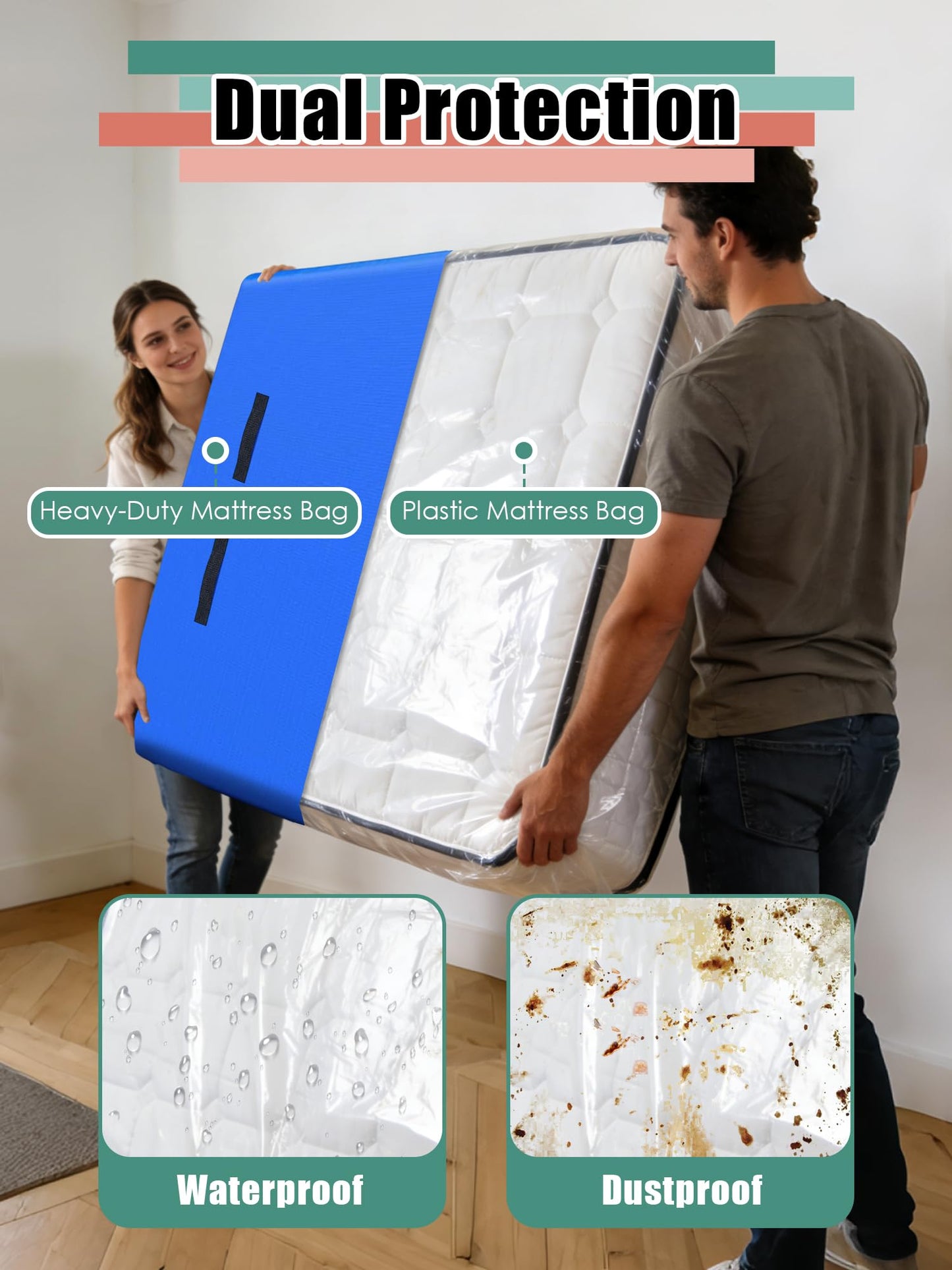 WTREE Double Shield Mattress Bag for Moving and Storage, 8 Reinforced Handles Mattress Cover with Internal Clear Mattress Protector, 170GSM Heavy Duty Tarp Mattress Mover Tool, Queen