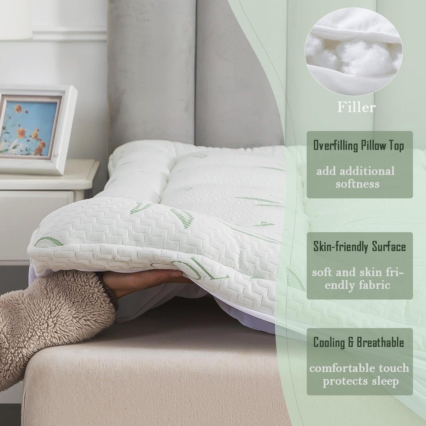 WhatsBedding Full Mattress Topper, Soft Pillow Top Mattress Topper with Deep Pocket Fits 8–21 Inch,7D Spiral Fiber Filling, Bamboo Viscose Air Layer Mattress Topper Full.