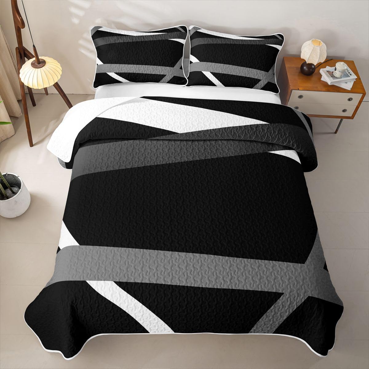 Erosebridal Gray Black White Striped Quilt Set for Adult Women Men - Modern Abstract Quilt Twin Geometric Lines Quilted Bedspread Aesthetic Boho Coverlet Bedroom Decor