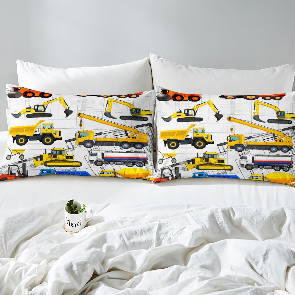 Erosebridal Excavator Bedding Sets Dump Truck Fitted Sheet Twin Size, Cartoom Vehicles Construction Bed Sheet for Boys Teens Child, Kids Car Theme Bedroom Decor Yellow Red Blue