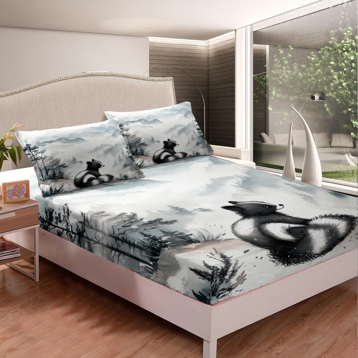 Erosebridal Skunk Bed Sheets for Kids, Cute Wild Animals Bedding Set Queen Size Smoky Mountain Fitted Sheet for Boys Girls Teens Adult Women Bedroom Decor, Farmhouse Wildlife Sheets