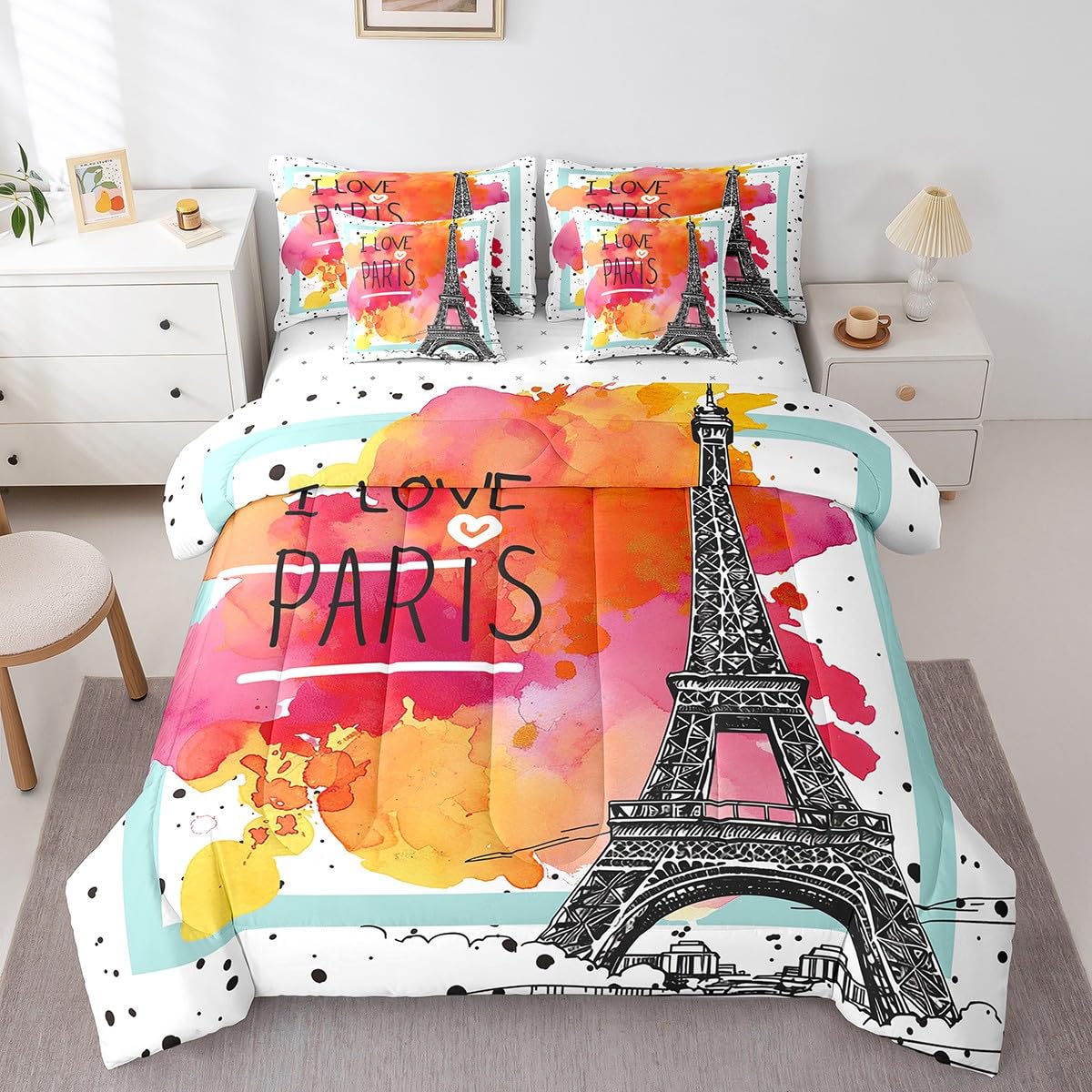 Erosebridal Eiffel Tower Comforter Set 7 Piece Bed in a Bag Twin,City Building of Paris Bedding Sets Romantic France Comforter and Sheet Set,Ink Art Tie Dye Bed Set