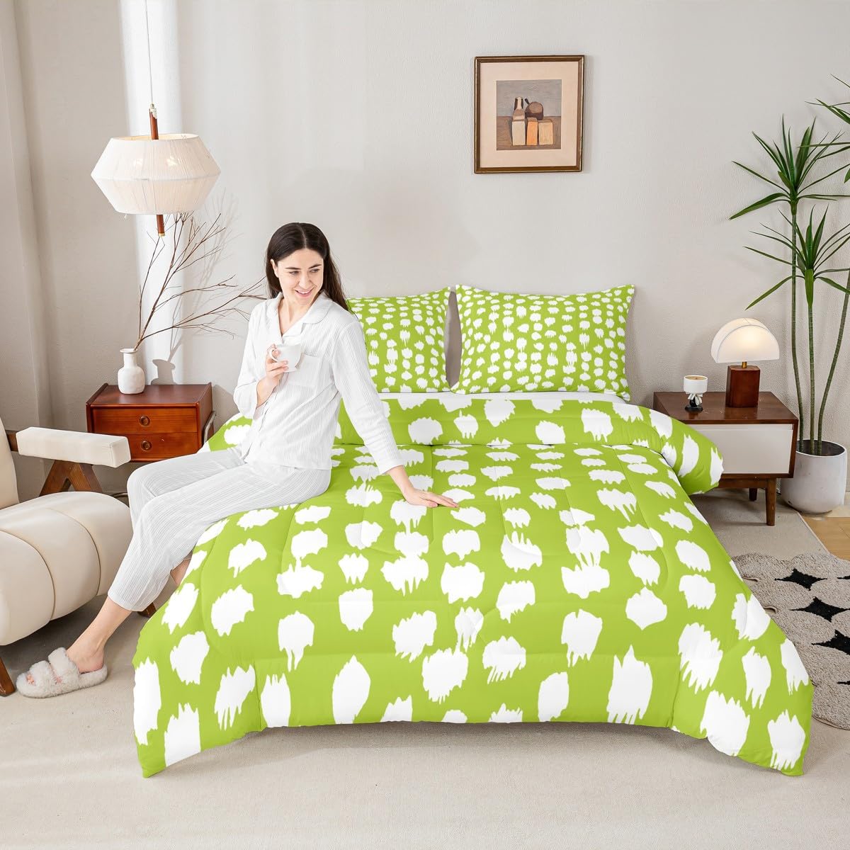 Erosebridal Lime Green Comforter Set Abstract Polka Dots Bedding Set Queen Size Boho Circle Down Comforter for Kids Boys Girls Adults Lime Green Brush Stroke Spots Quilt Duvet Fashion Room Decor