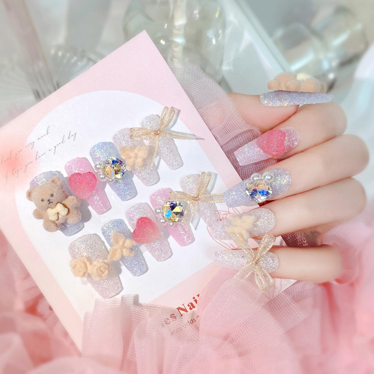 SINHOT Luxury Press on Nails - Long Coffin Fake Nails 3D Handmade Cute&Candy Reusable False Nails with Rhinestone Designs,DIY Artificial Nail Art, 24pcs