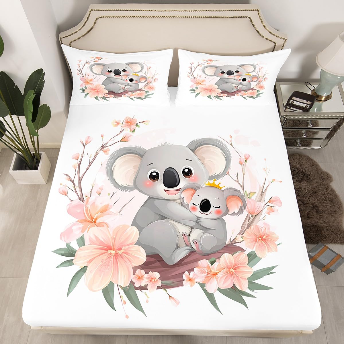 Erosebridal Koala Bear Bedding Set (No Flat Sheet), Cute Animal Bed Sheets Full Size, Lovely Family Pink Floral Fitted Sheet for Kids Boys Girls Bedroom, Botanical Branches Cartoon Pattern Bed Cover
