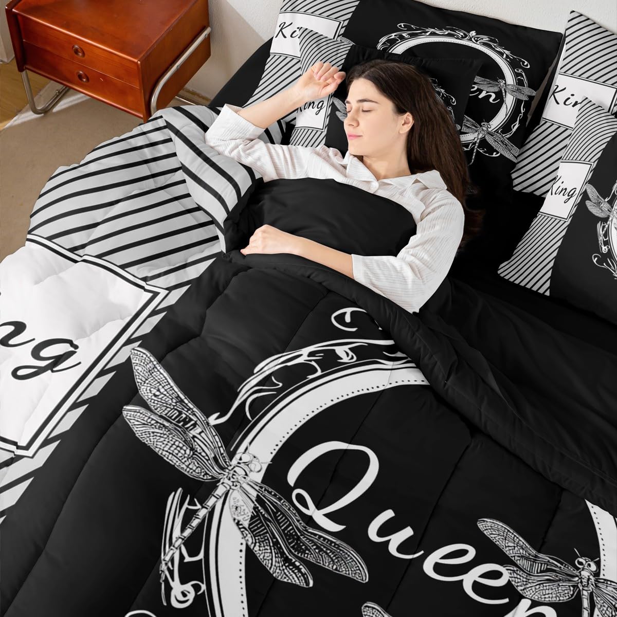 Dragonfly Bed in a Bag Queen Comforter Set 7 Piece,King and Queen Bedding Sets Couples Gifts for Men Women Black and White Comforter and Sheet Set, Aesthetic Animal Bed Sets,Valentines Day Decorations