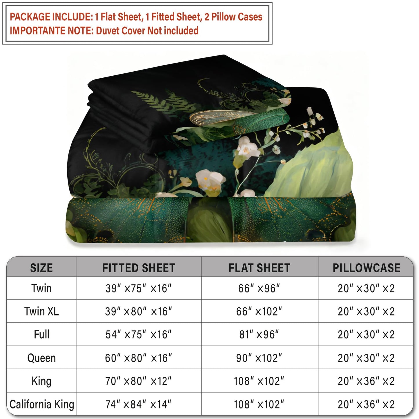 ZAOMIR Butterfly Floral Sheet Set King for Women, Botanical Flower Leaves Bed Sheets Set 4 Pieces Soft Microfiber Boho Black Green Bedding Sheets with Deep Pocket Fitted Sheet & 2 Pillowcases