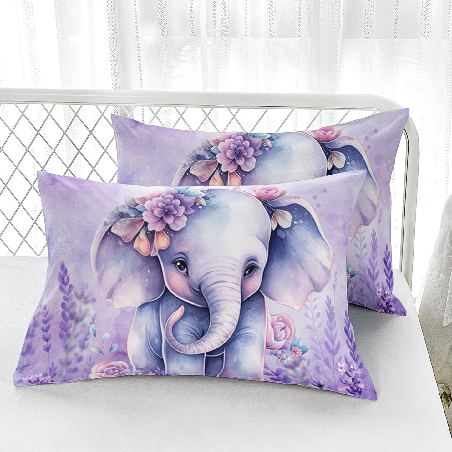 AILONEN Cute Elephant Fitted Sheet Set Twin XL Size for Girls,Lavender Purple Kawaii Kids Bedding Set,Lovely Animal Flower Bed Sheet with 2 Pillowcases,3 Pieces