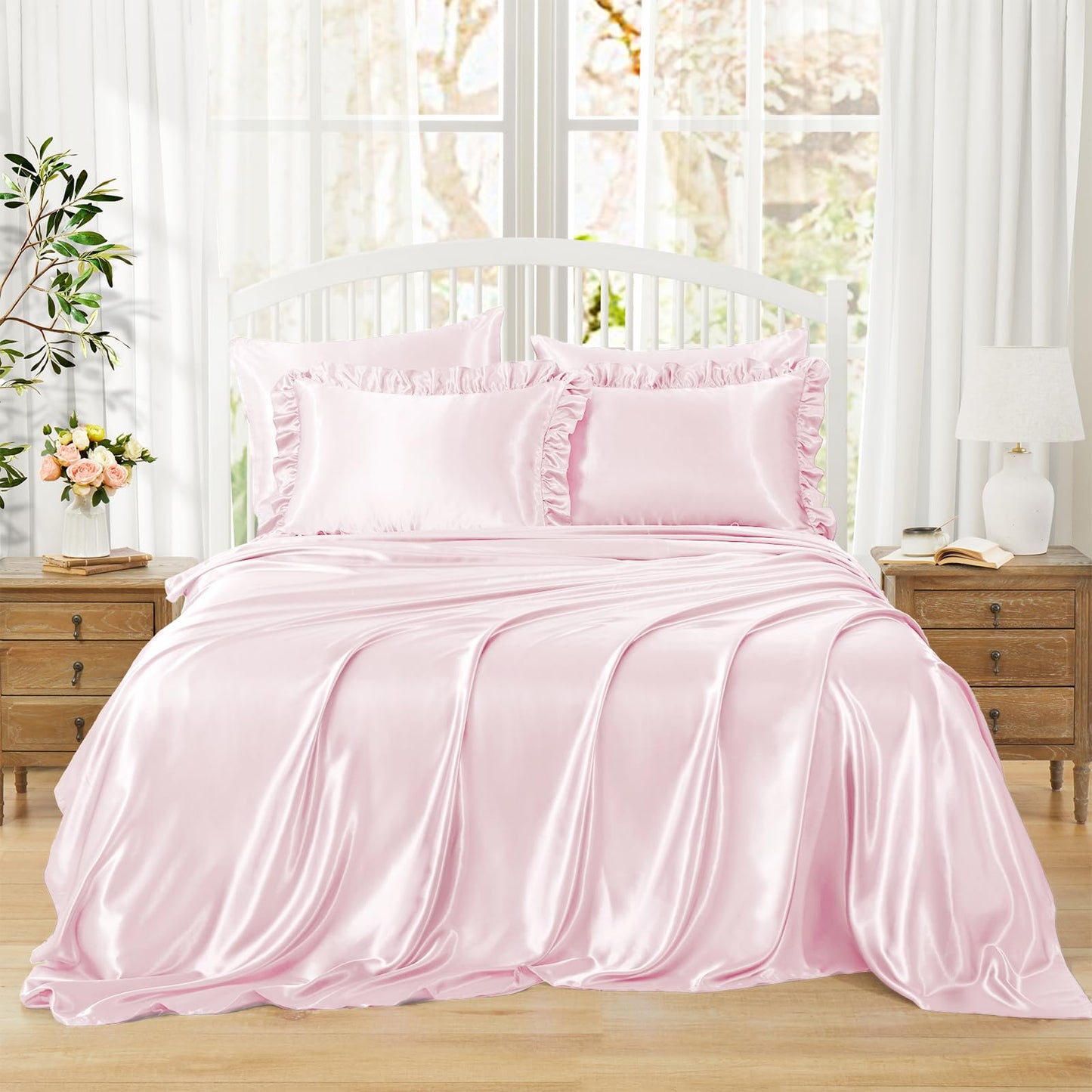 Homiest Ruffled Satin Sheets Full Size 6pc Set - Blush Pink Bed Sheet Set with 15 Inch Deep Pocket Fitted Sheet, 1 Flat Sheet, 2 Ruffled Pillow Shams & 2 Pillowcases, Similar to Silk Sheets